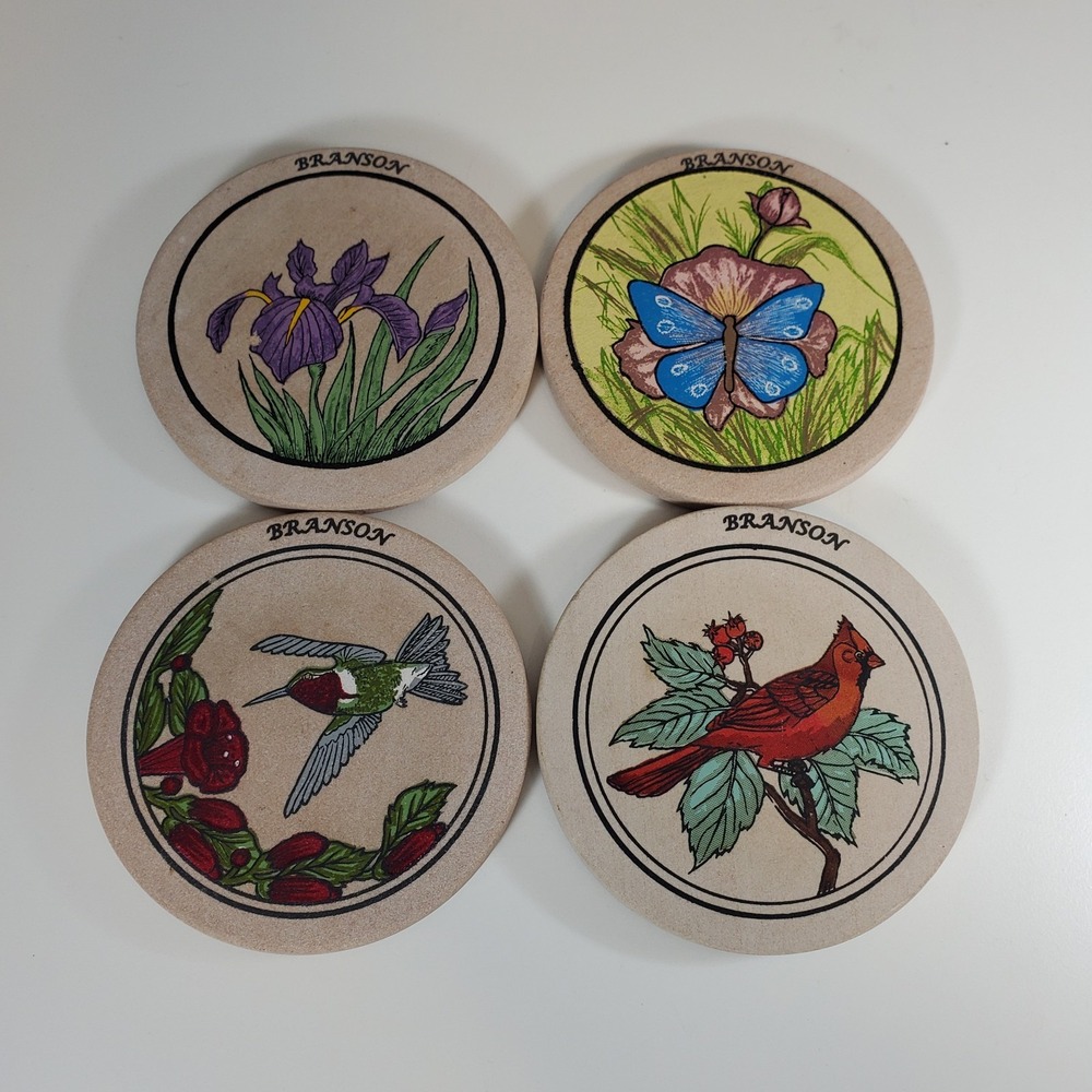 4 Round Ceramic Stone Coasters 4"  Branson Missouri Ozark Mountains Flora Fauna